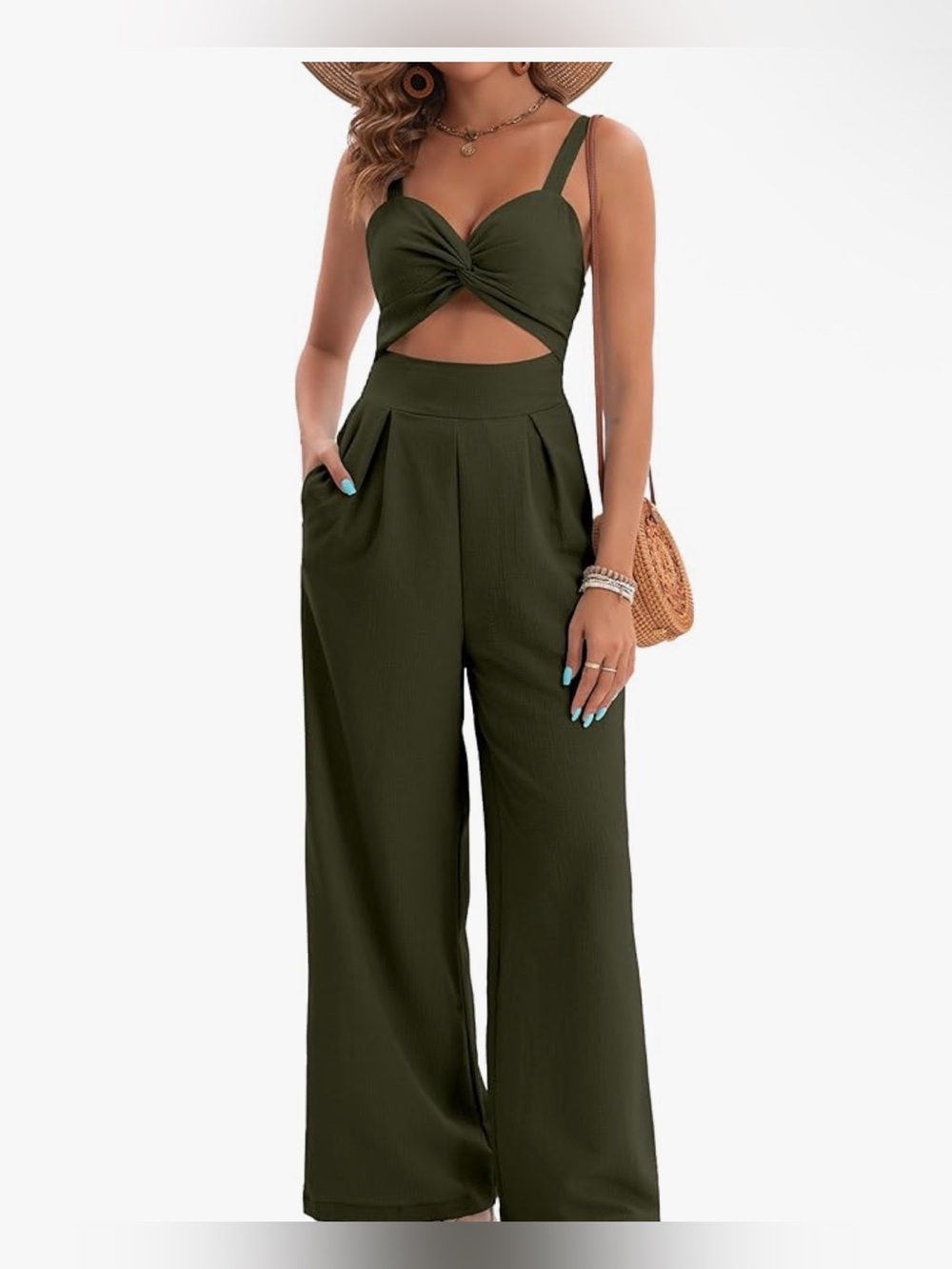 Womens Summer Jumpsuits Dressy Sexy V Neck Twist Wide Leg Rompers - army green